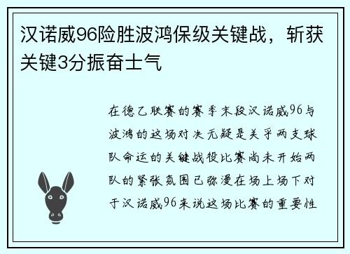 汉诺威96险胜波鸿保级关键战，斩获关键3分振奋士气